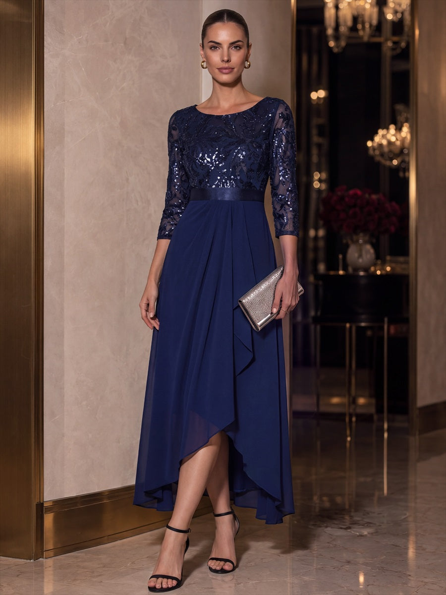 Robe A-Line ¨¤ manches trois quarts avec un ourlet asym¨¦trique des volants et des d¨¦tails transparents #Couleur_Bleu Marine