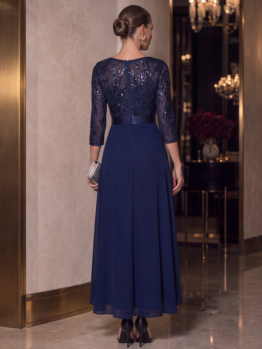 Robe A-Line ¨¤ manches trois quarts avec un ourlet asym¨¦trique des volants et des d¨¦tails transparents #Couleur_Bleu Marine