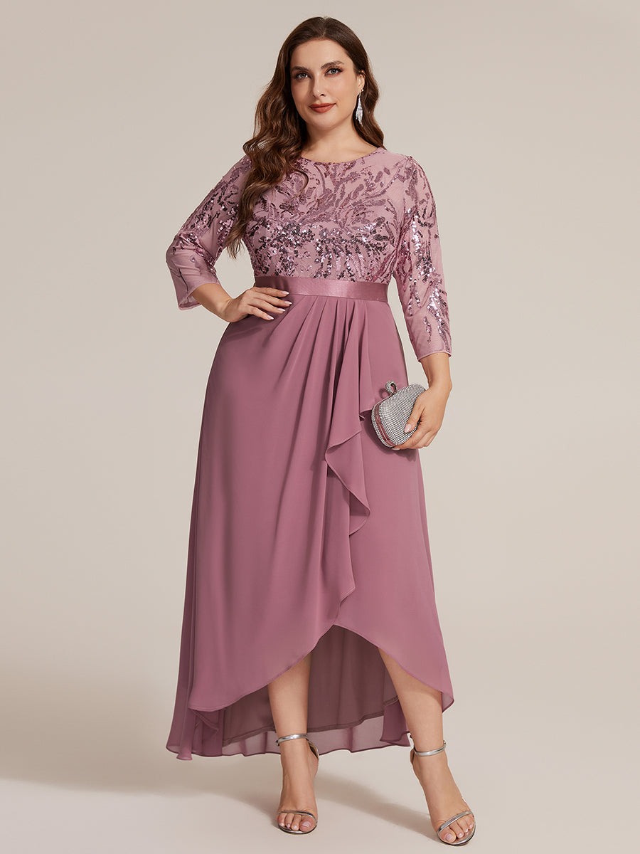 Robe A-Line ¨¤ manches trois quarts avec un ourlet asym¨¦trique des volants et des d¨¦tails transparents #Couleur_Orchidee