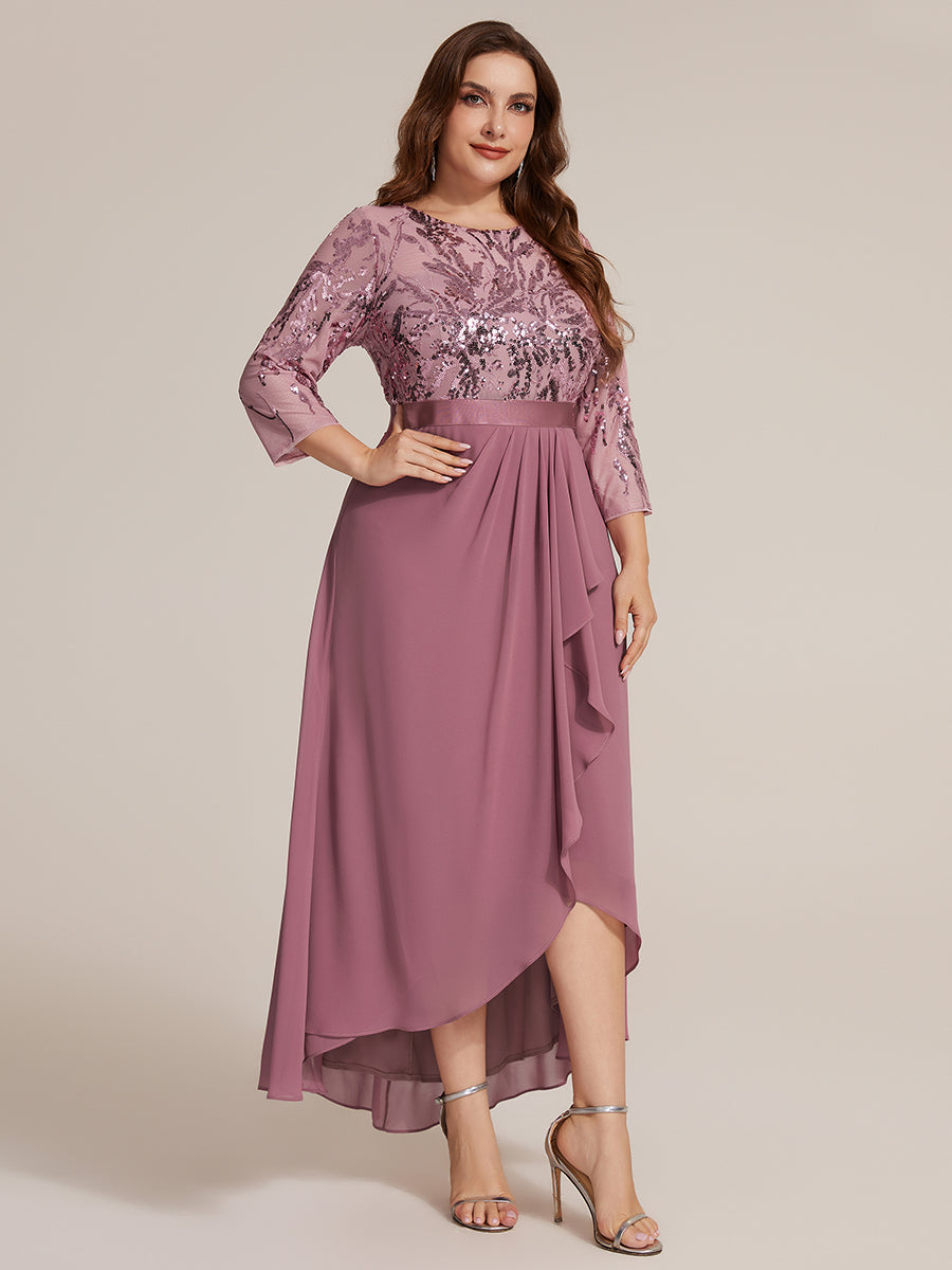 Robe A-Line ¨¤ manches trois quarts avec un ourlet asym¨¦trique des volants et des d¨¦tails transparents #Couleur_Orchidee