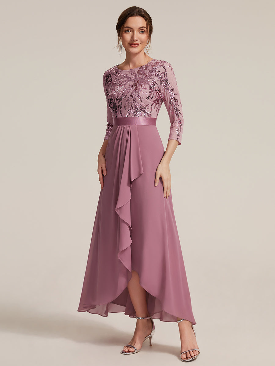 Robe A-Line ¨¤ manches trois quarts avec un ourlet asym¨¦trique des volants et des d¨¦tails transparents #Couleur_Orchidee
