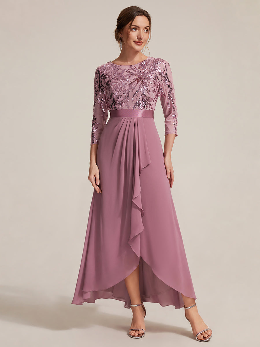 Robe A-Line ¨¤ manches trois quarts avec un ourlet asym¨¦trique des volants et des d¨¦tails transparents #Couleur_Orchidee