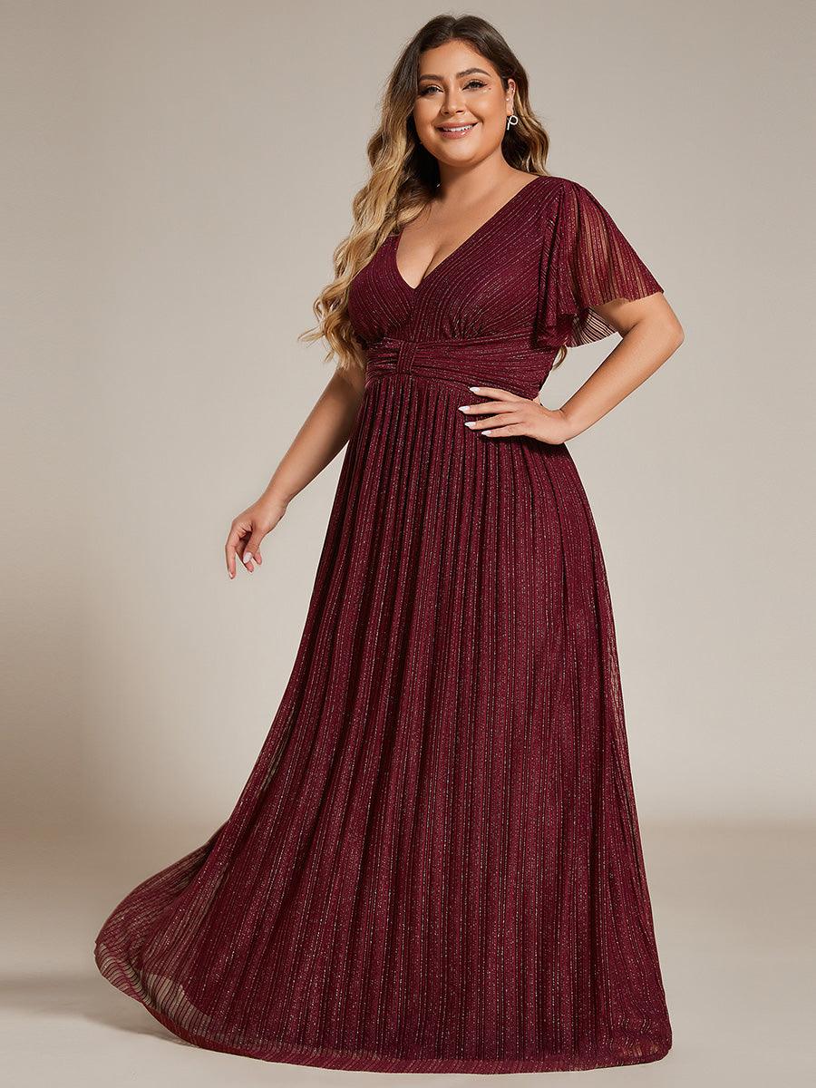 Robe de soirée formelle scintillante à manches courtes et col en V de grande taille #Couleur_Bordeaux