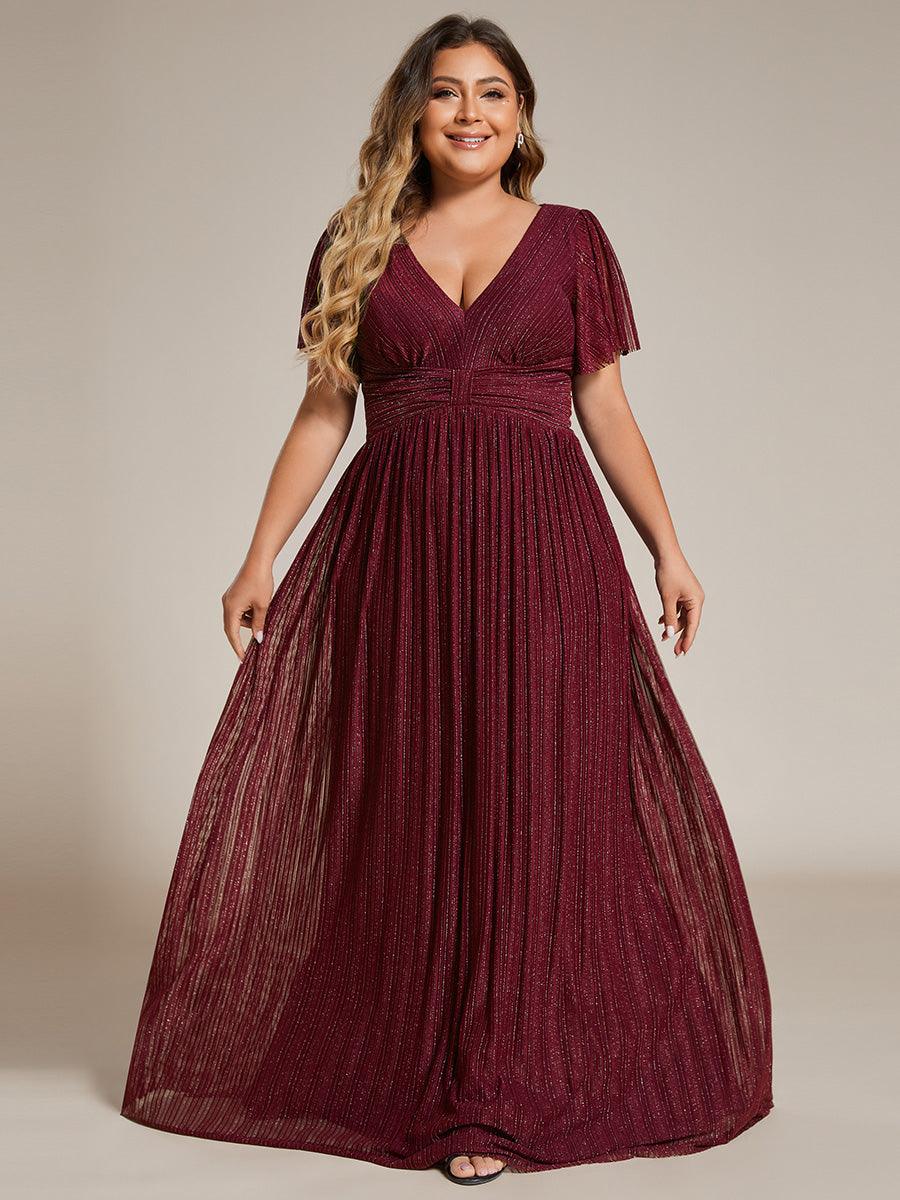 Robe de soirée formelle scintillante à manches courtes et col en V de grande taille #Couleur_Bordeaux