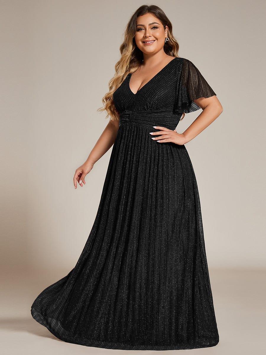 Robe de soirée formelle scintillante à manches courtes et col en V de grande taille #Couleur_Noir