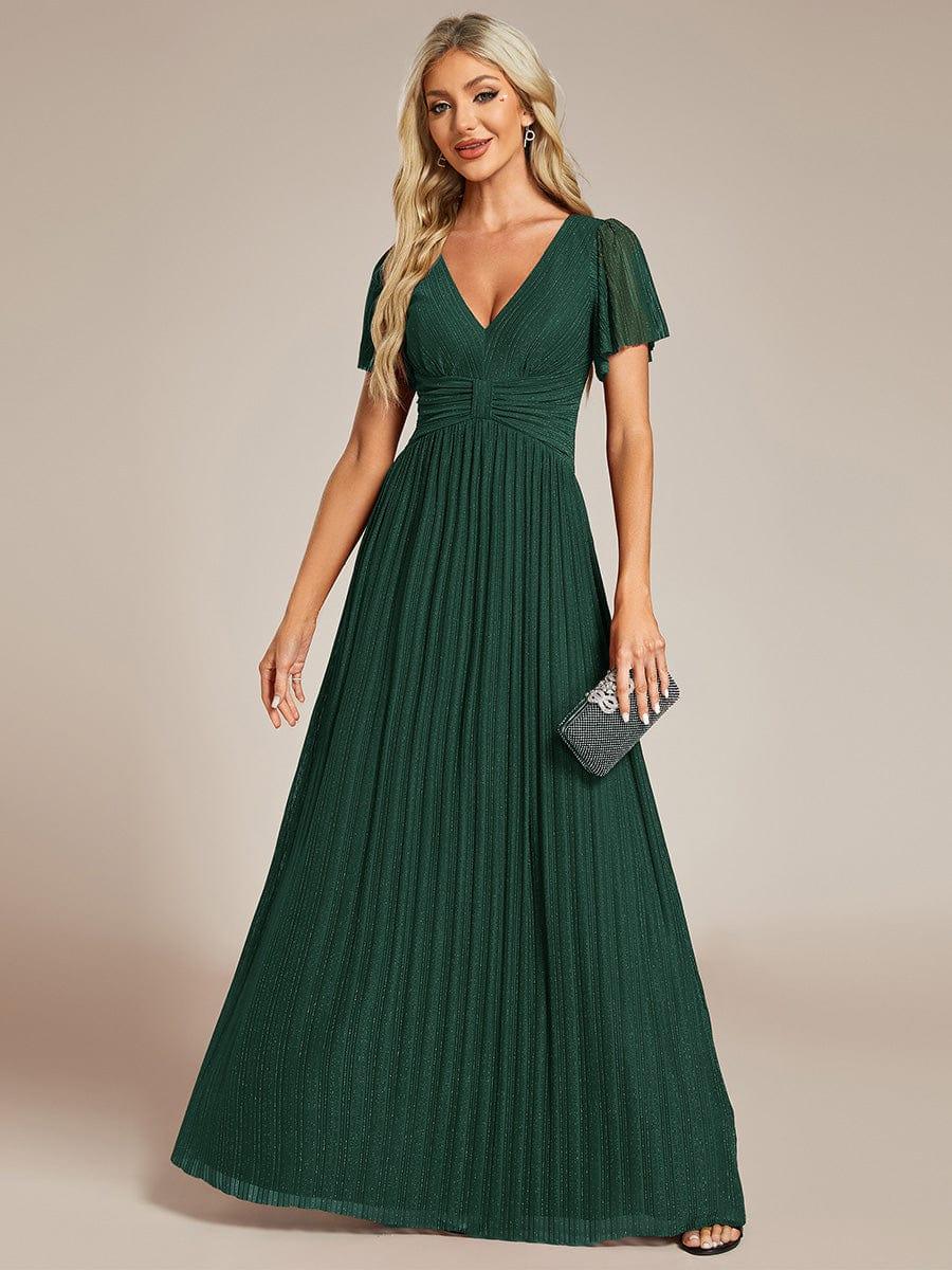 Robe de soirée formelle scintillante à manches courtes et col en V #Couleur_Vert Fonce