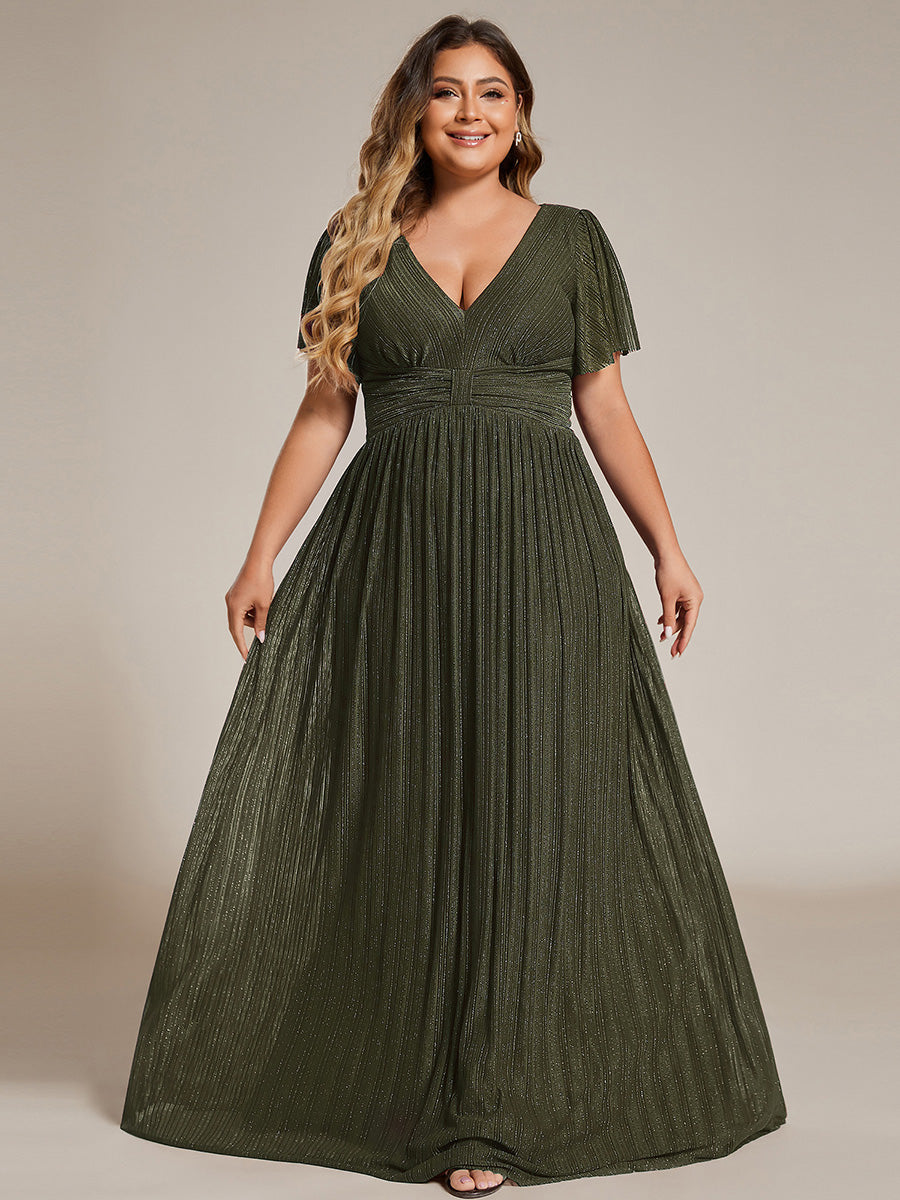 Robe de soirée formelle scintillante à manches courtes et col en V #Couleur_Vert Olive