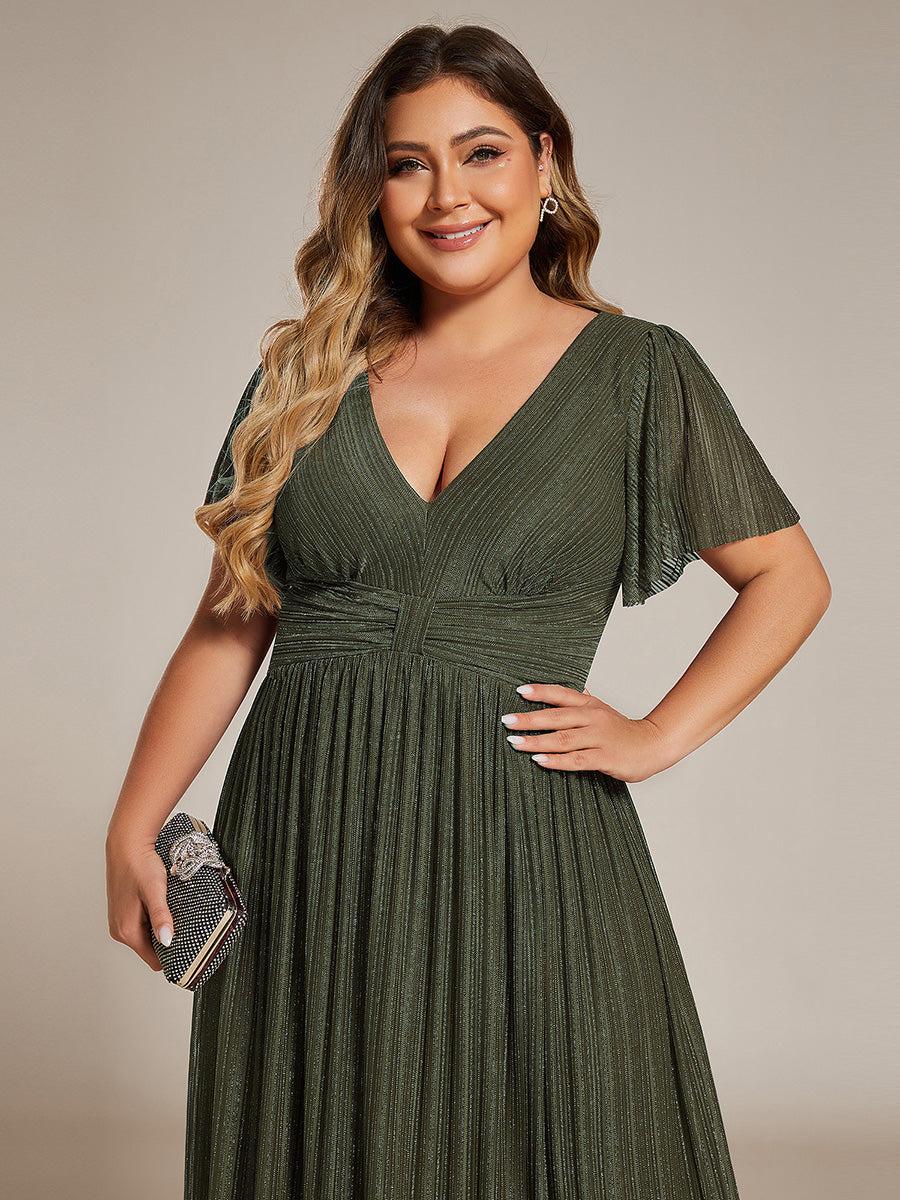 Robe de soirée formelle scintillante à manches courtes et col en V #Couleur_Vert Olive