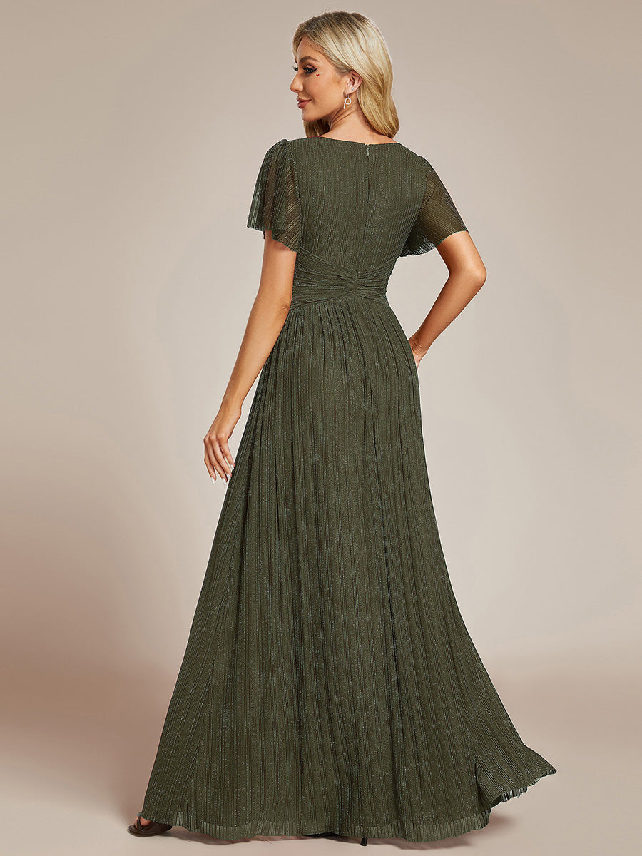 Robe de soirée formelle scintillante à manches courtes et col en V #Couleur_Vert Olive