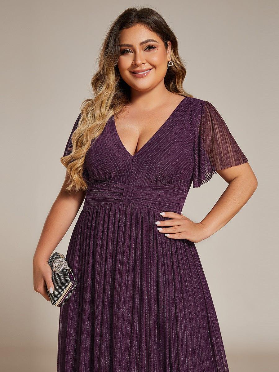 Robe de soirée formelle scintillante à manches courtes et col en V de grande taille #Couleur_Glycine violette