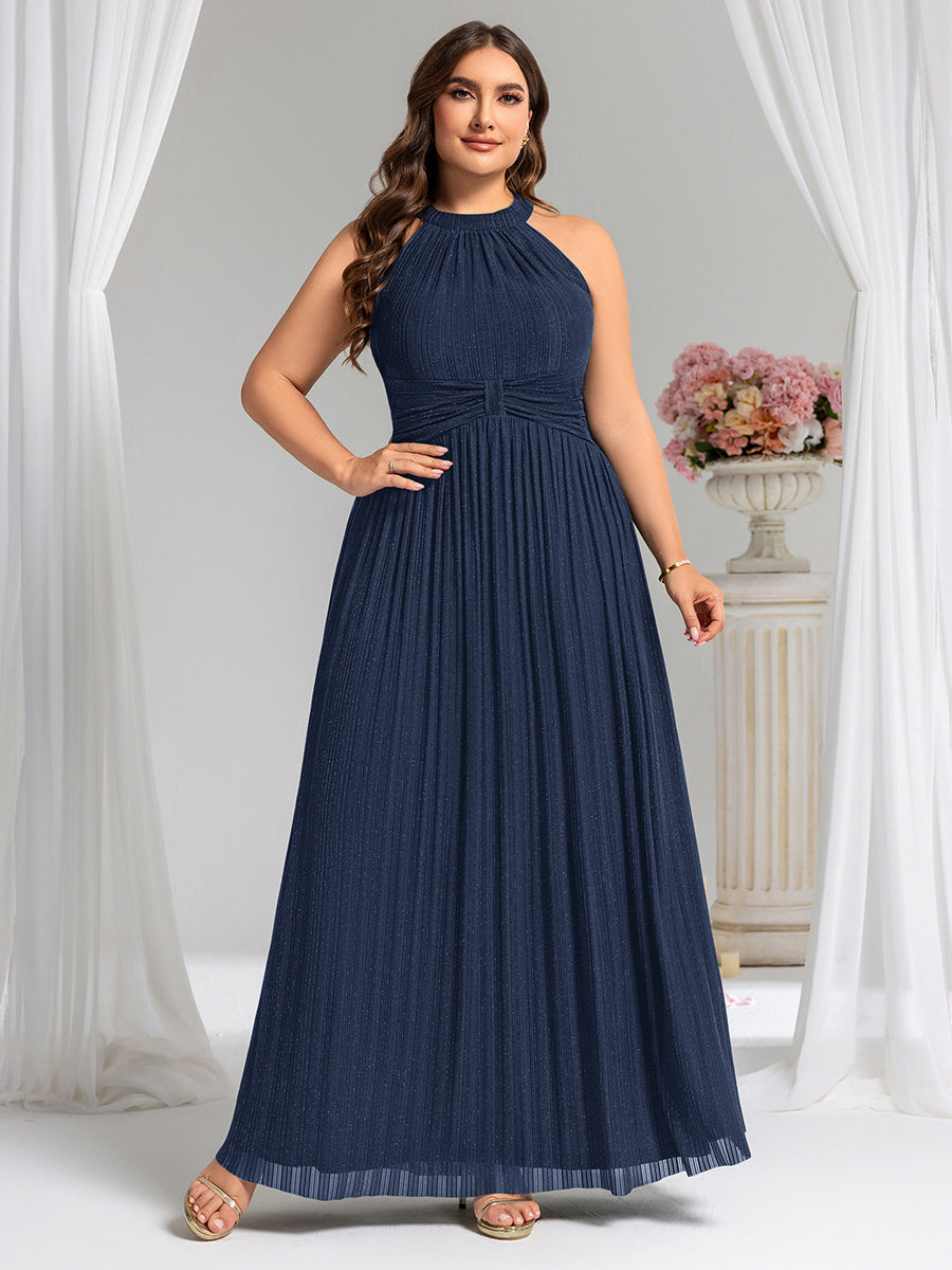 Robe de soirée formelle scintillante à col licou avec silhouette trapèze #Couleur_Bleu Marine