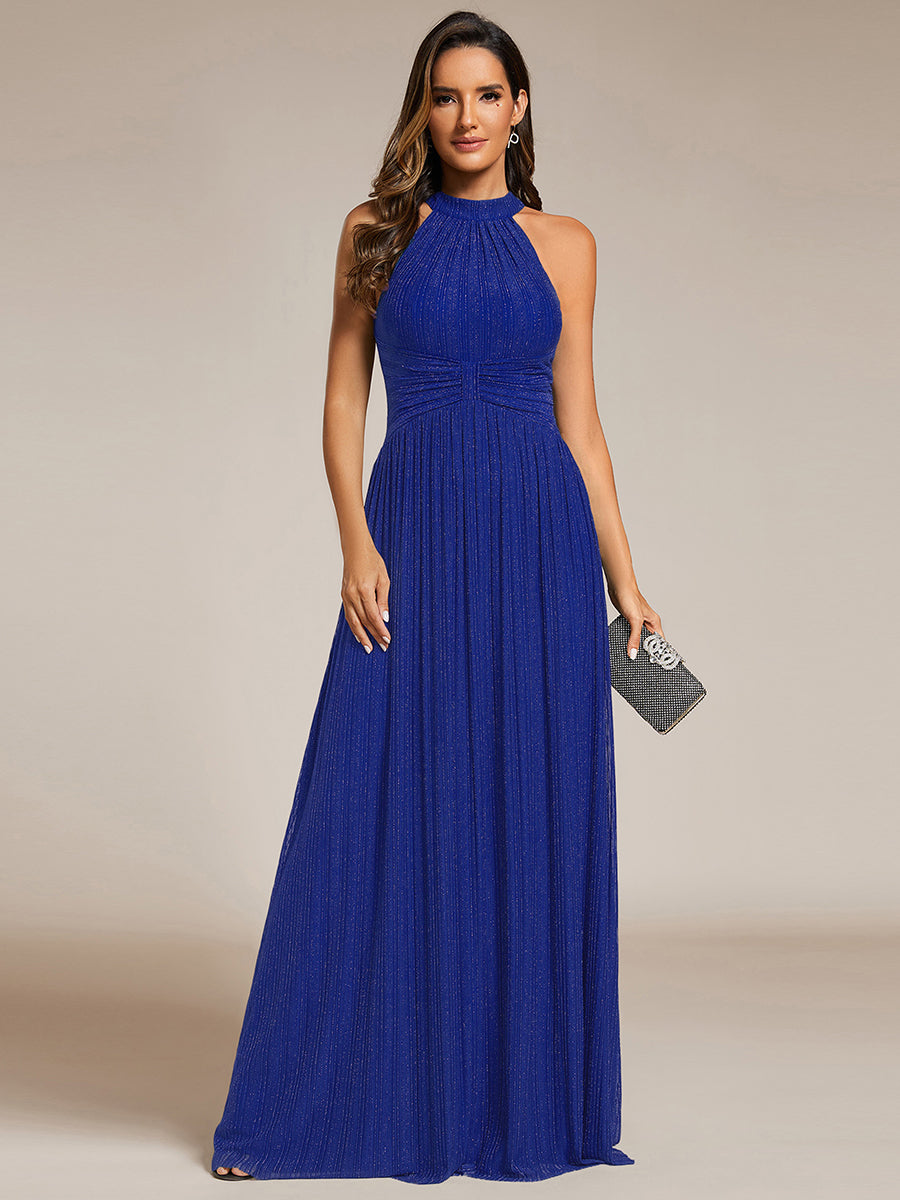 Robe de soirée formelle scintillante à col licou avec silhouette trapèze #Couleur_Bleu Saphir
