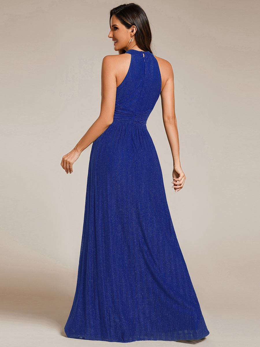Robe de soirée formelle scintillante à col licou avec silhouette trapèze #Couleur_Bleu Saphir