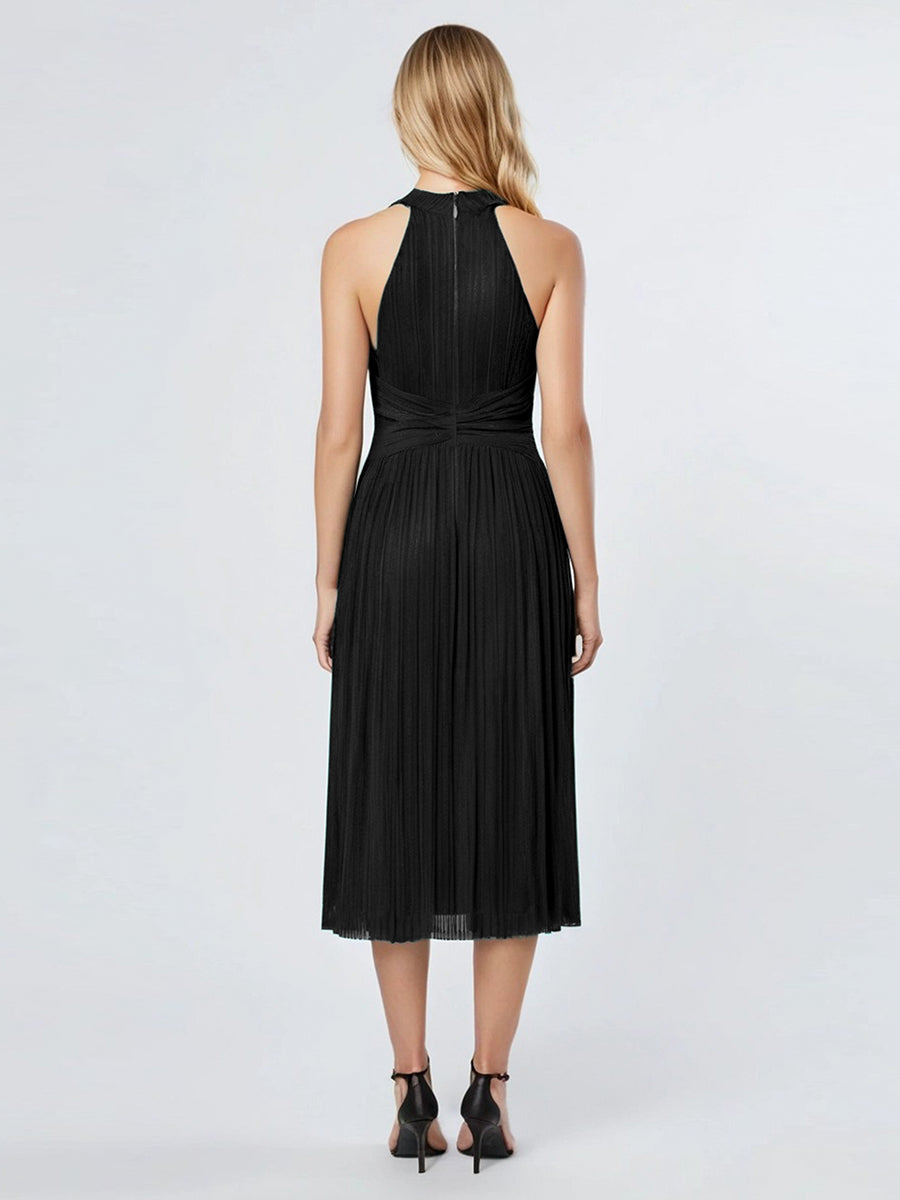 Robe D'invité De Mariage En Mousseline De Soie Mi-Longue Plissée à Manches à Volants Et Col En V  #Couleur_Noir