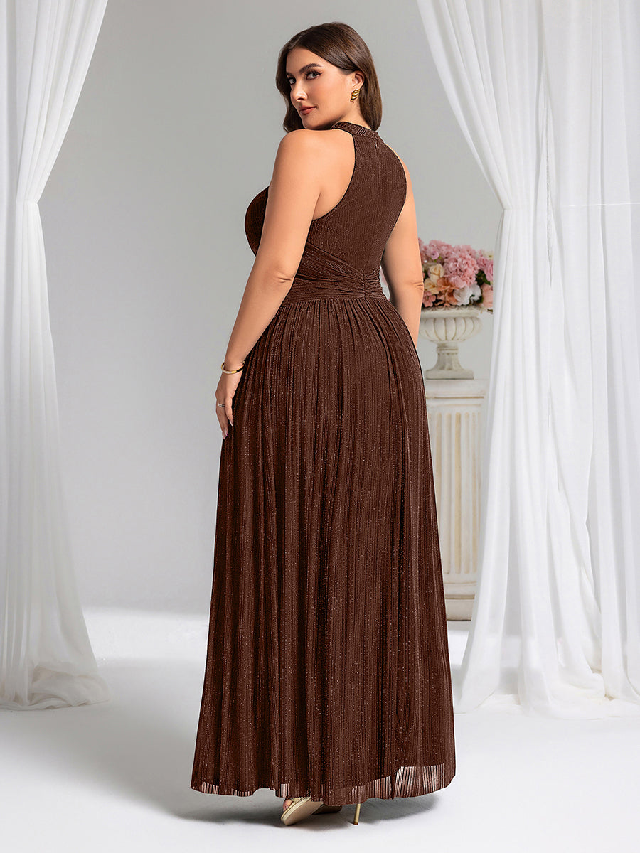 Robe de soirée formelle scintillante à col licou avec silhouette trapèze #Couleur_Marron chocolat