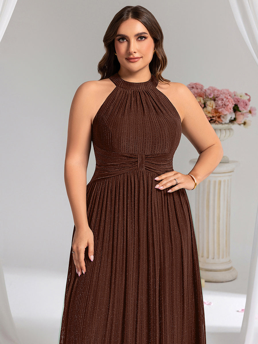 Robe de soirée formelle scintillante à col licou avec silhouette trapèze #Couleur_Marron chocolat