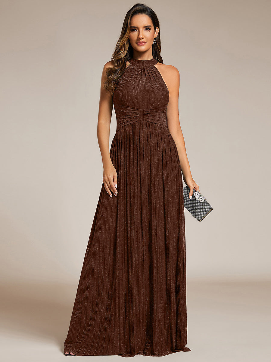 Robe de soirée formelle scintillante à col licou avec silhouette trapèze #Couleur_Marron chocolat