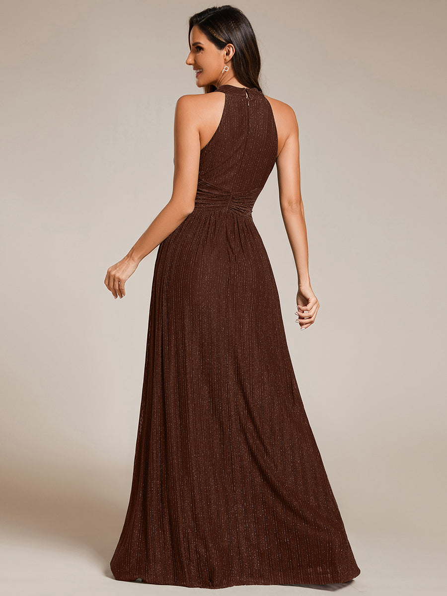 Robe de soirée formelle scintillante à col licou avec silhouette trapèze #Couleur_Marron chocolat