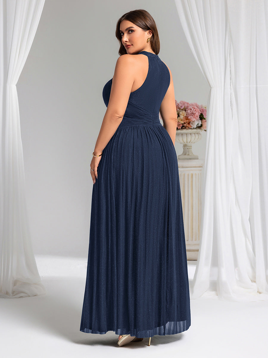 Robe de soirée formelle scintillante à col licou avec silhouette trapèze #Couleur_Bleu Marine