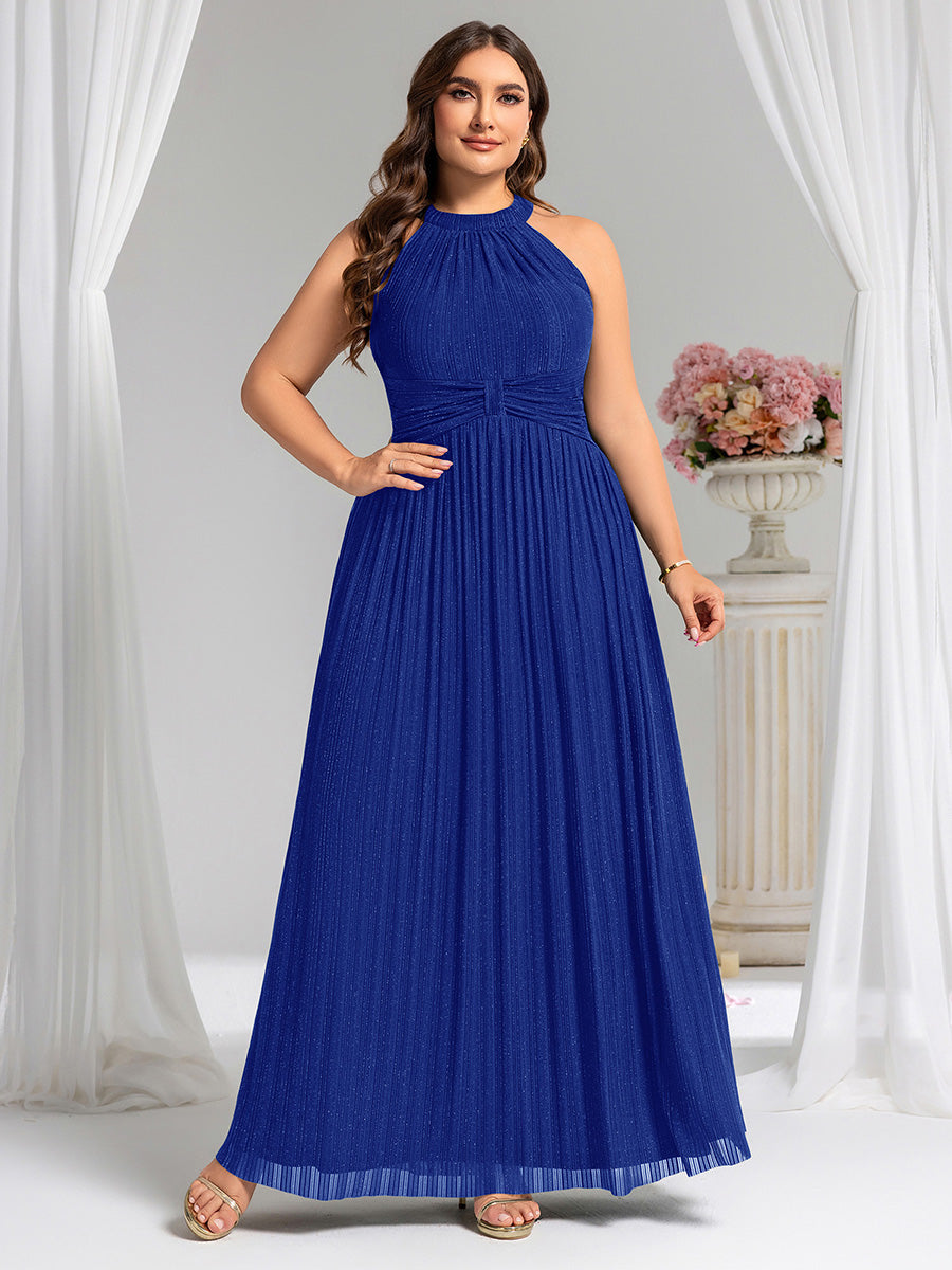 Robe de soirée formelle scintillante à col licou avec silhouette trapèze #Couleur_Bleu Saphir