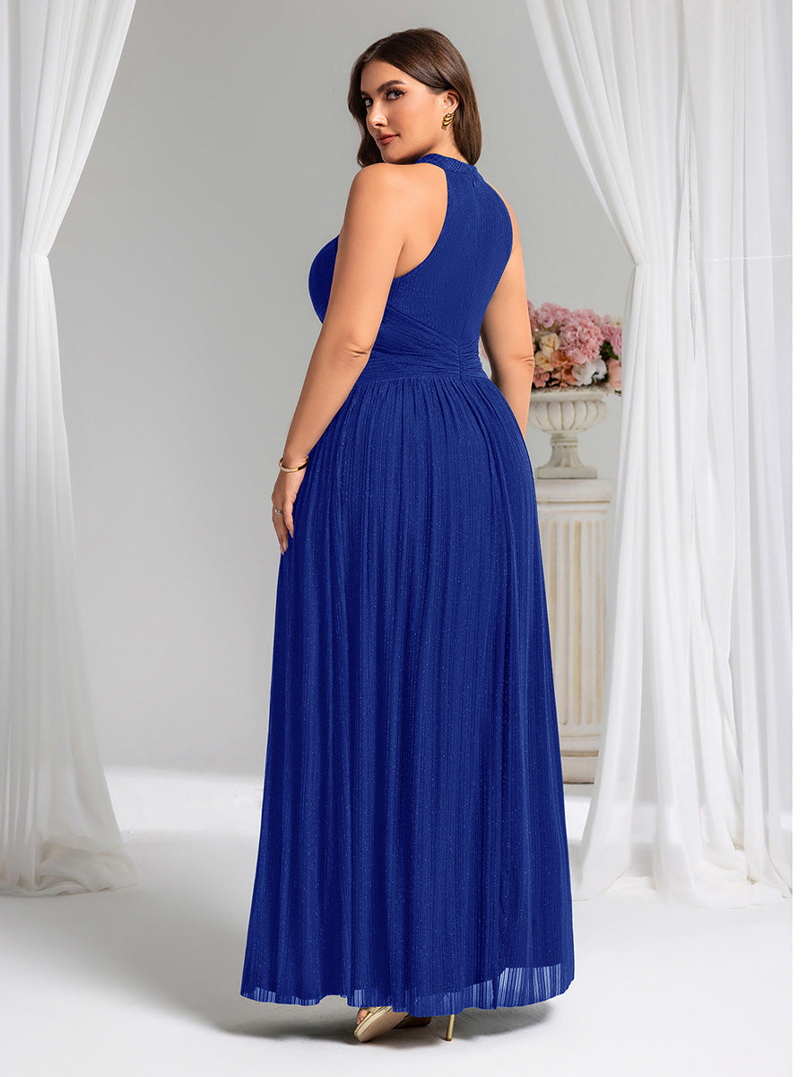Robe de soirée formelle scintillante à col licou avec silhouette trapèze #Couleur_Bleu Saphir