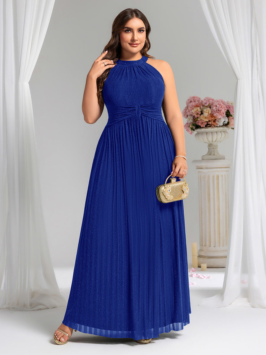 Robe de soirée formelle scintillante à col licou avec silhouette trapèze #Couleur_Bleu Saphir