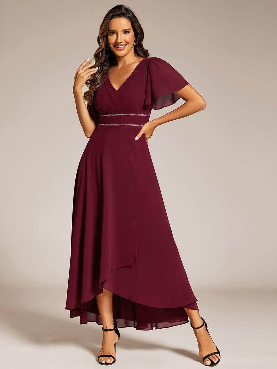 Robe de soirée formelle en mousseline de soie à double col en V et taille ajustée #Couleur_Bordeaux