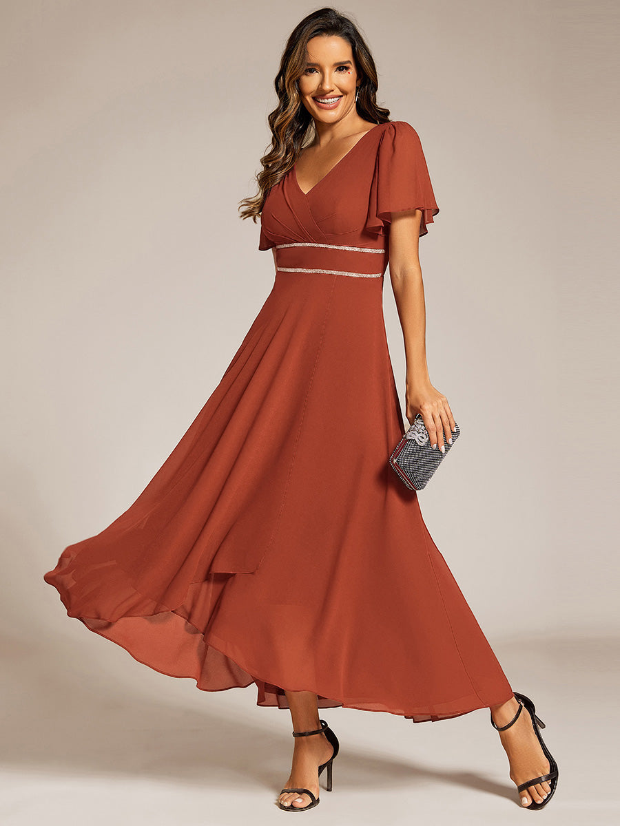 Robe D'invité De Mariage En Mousseline De Soie Mi-Longue Plissée à Manches à Volants Et Col En V  #Couleur_Burnt Orange