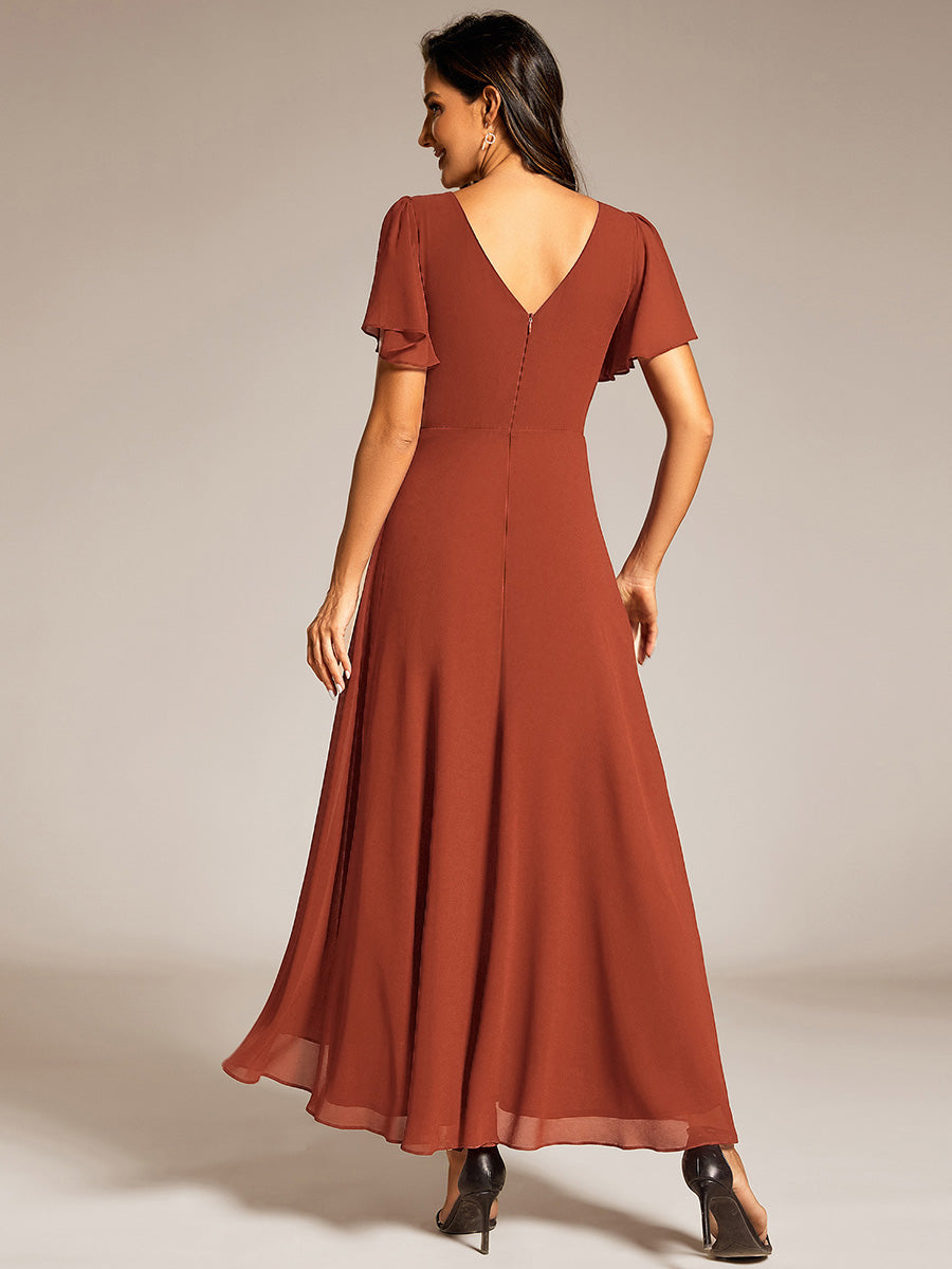 Robe D'invité De Mariage En Mousseline De Soie Mi-Longue Plissée à Manches à Volants Et Col En V  #Couleur_Burnt Orange