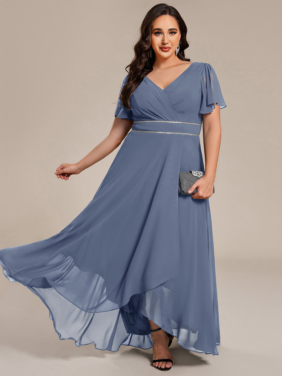 Robe D'invité De Mariage En Mousseline De Soie Mi-Longue Plissée à Manches à Volants Et Col En V  #Couleur_Marine Fume