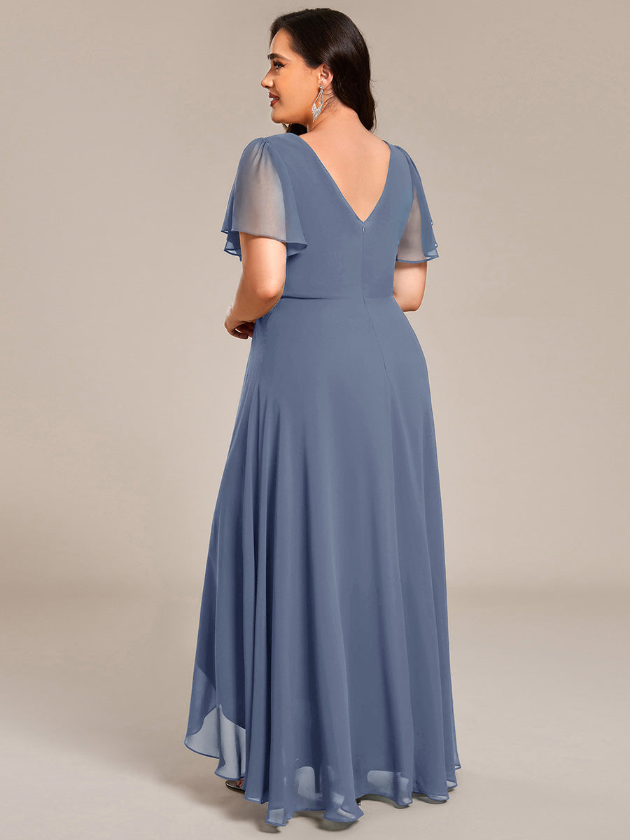 Robe D'invité De Mariage En Mousseline De Soie Mi-Longue Plissée à Manches à Volants Et Col En V  #Couleur_Marine Fume