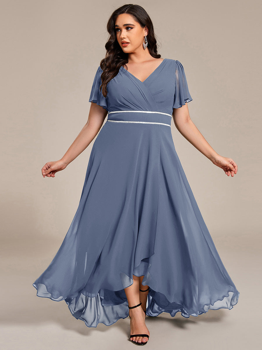 Robe D'invité De Mariage En Mousseline De Soie Mi-Longue Plissée à Manches à Volants Et Col En V  #Couleur_Marine Fume