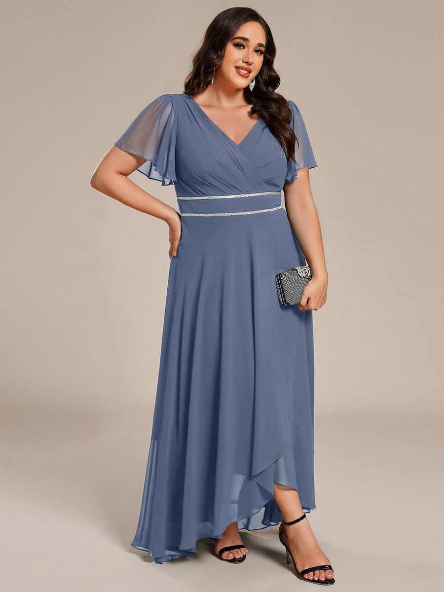 Robe D'invité De Mariage En Mousseline De Soie Mi-Longue Plissée à Manches à Volants Et Col En V  #Couleur_Marine Fume