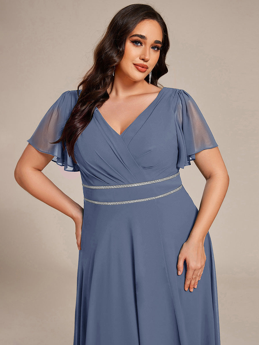 Robe D'invité De Mariage En Mousseline De Soie Mi-Longue Plissée à Manches à Volants Et Col En V  #Couleur_Marine Fume
