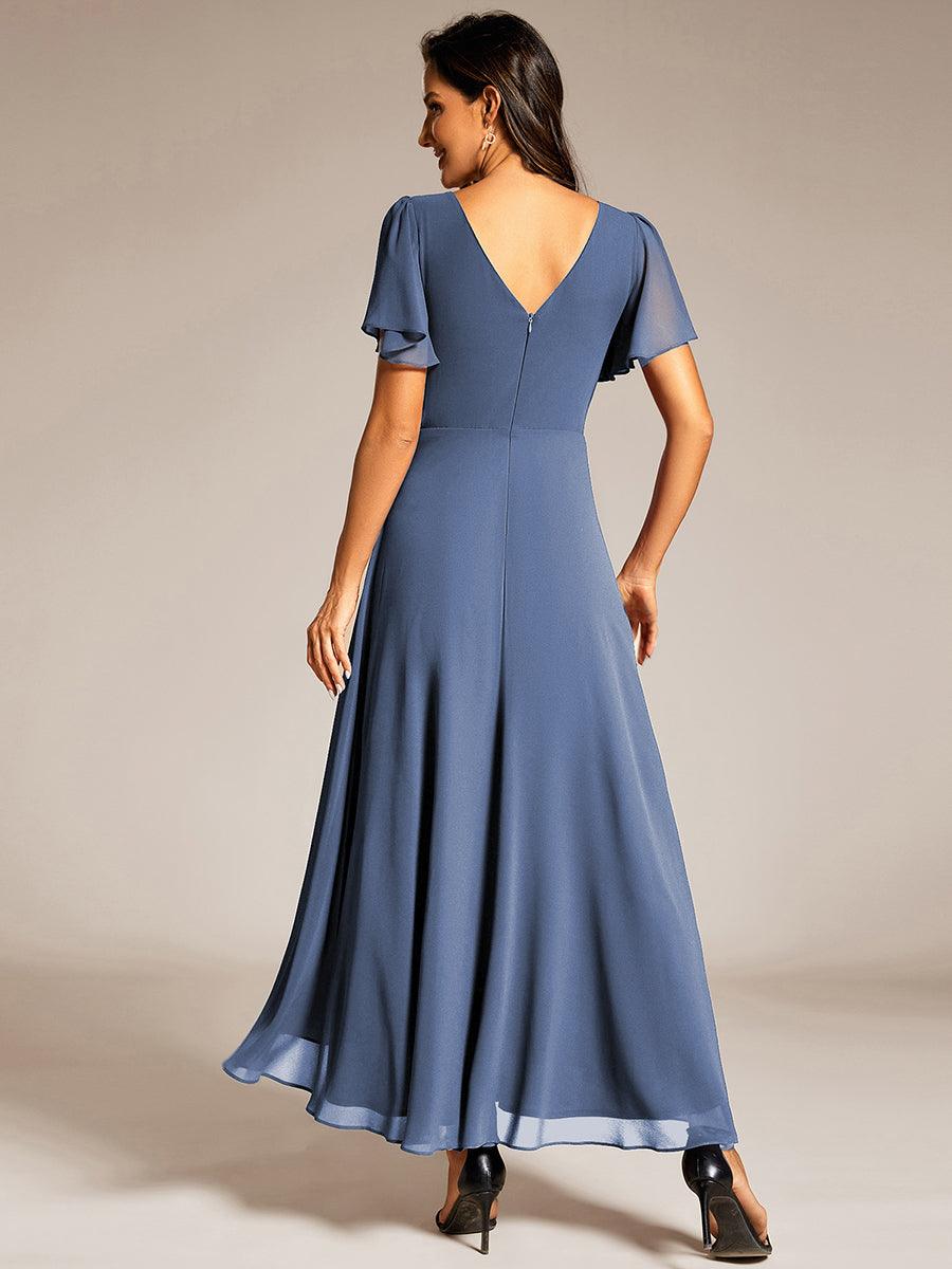 Robe de soirée formelle en mousseline de soie à double col en V et taille ajustée #Couleur_Marine Fume