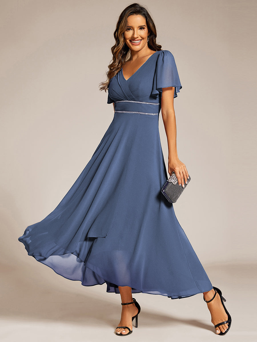 Robe D'invité De Mariage En Mousseline De Soie Mi-Longue Plissée à Manches à Volants Et Col En V  #Couleur_Marine Fume