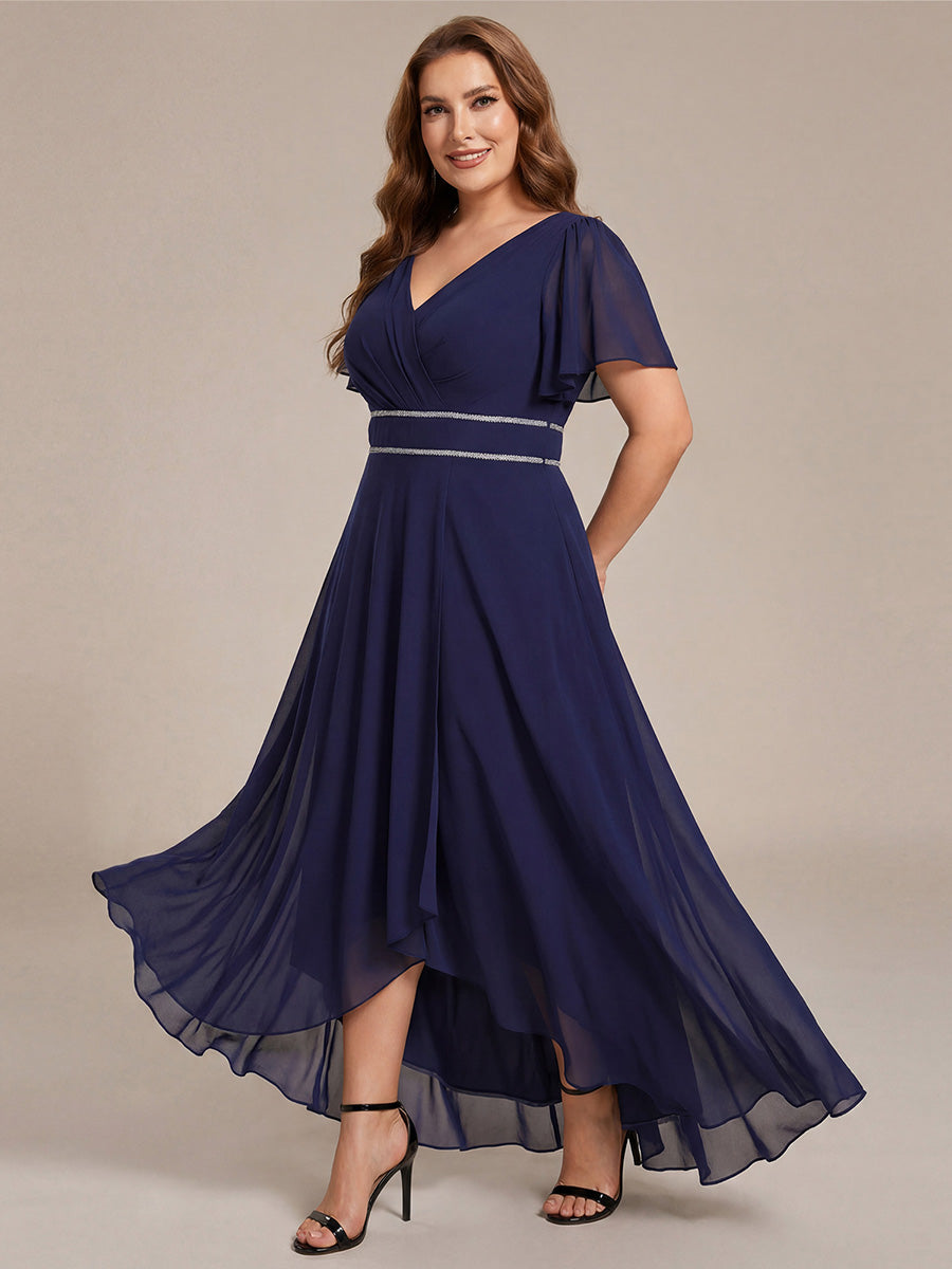 Robe de soirée formelle en mousseline de soie à double col en V et taille ajustée #Couleur_Bleu Marine