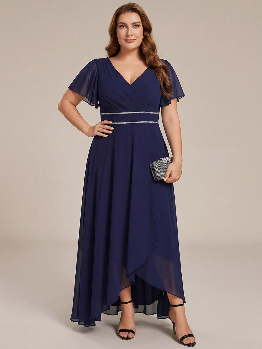 Robe de soirée formelle en mousseline de soie à double col en V et taille ajustée #Couleur_Bleu Marine