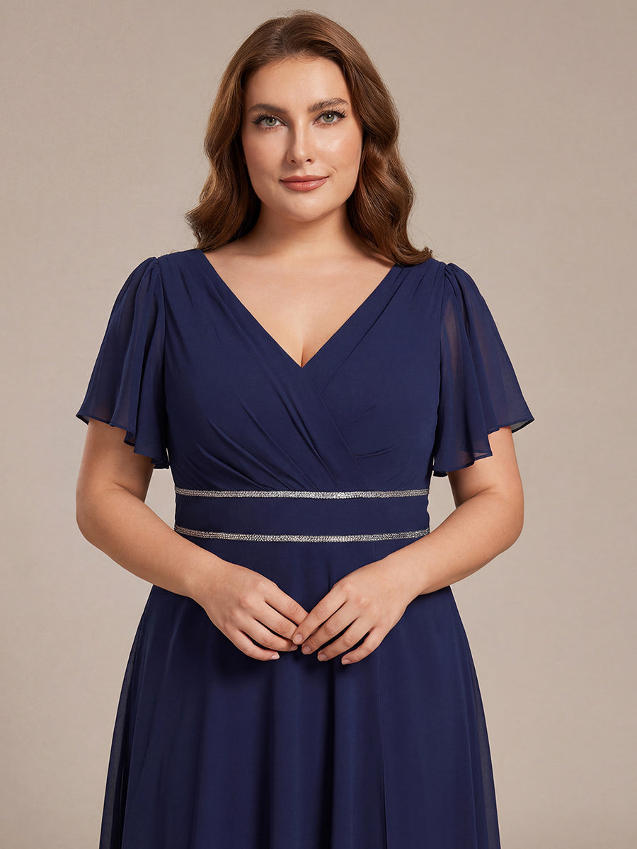 Robe de soirée formelle en mousseline de soie à double col en V et taille ajustée #Couleur_Bleu Marine