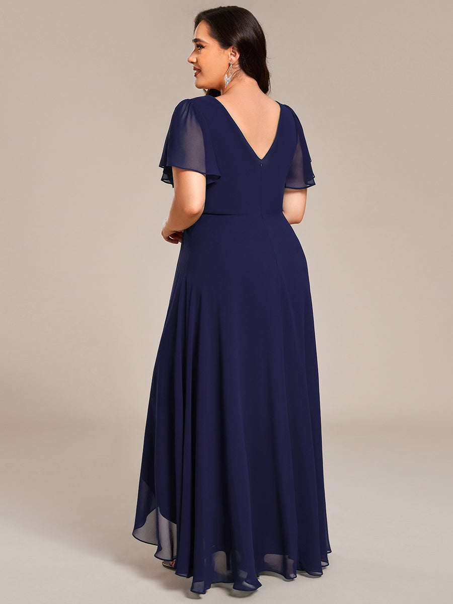 Robe de soirée longue en mousseline de soie à col en V et strass grande taille #Couleur_Bleu Marine