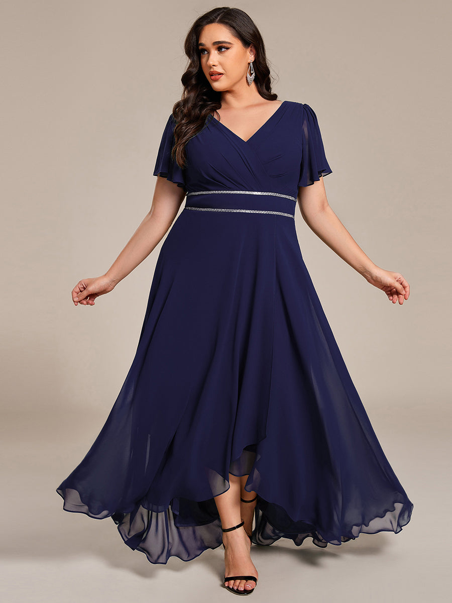 Robe de soirée longue en mousseline de soie à col en V et strass grande taille #Couleur_Bleu Marine