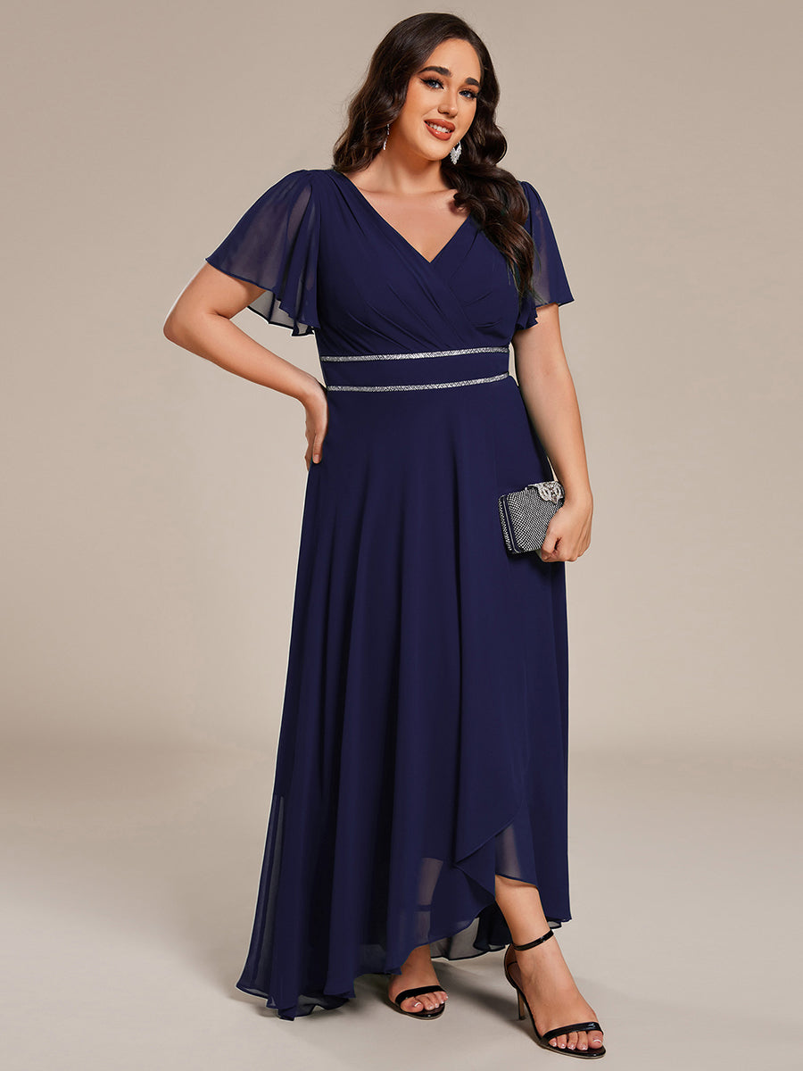 Robe de soirée formelle en mousseline de soie à double col en V et taille ajustée #Couleur_Bleu Marine