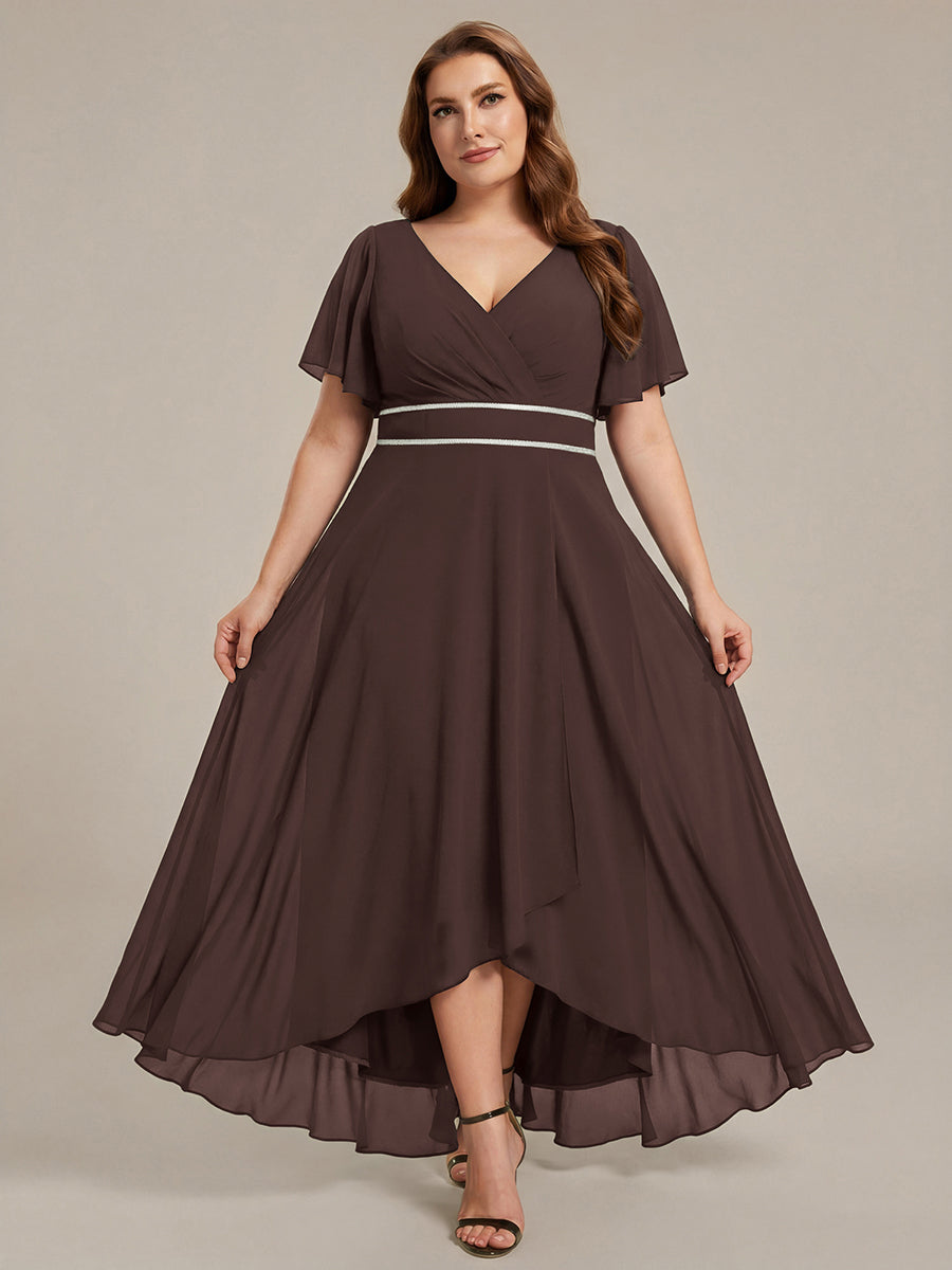Robe de soirée formelle en mousseline de soie à double col en V et taille ajustée #Couleur_Marron Espresso