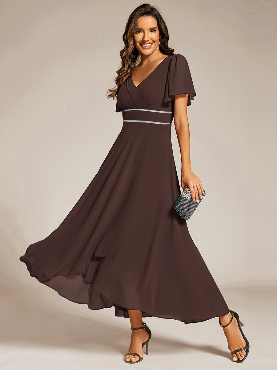 Robe de soirée formelle en mousseline de soie à double col en V et taille ajustée #Couleur_Marron Espresso