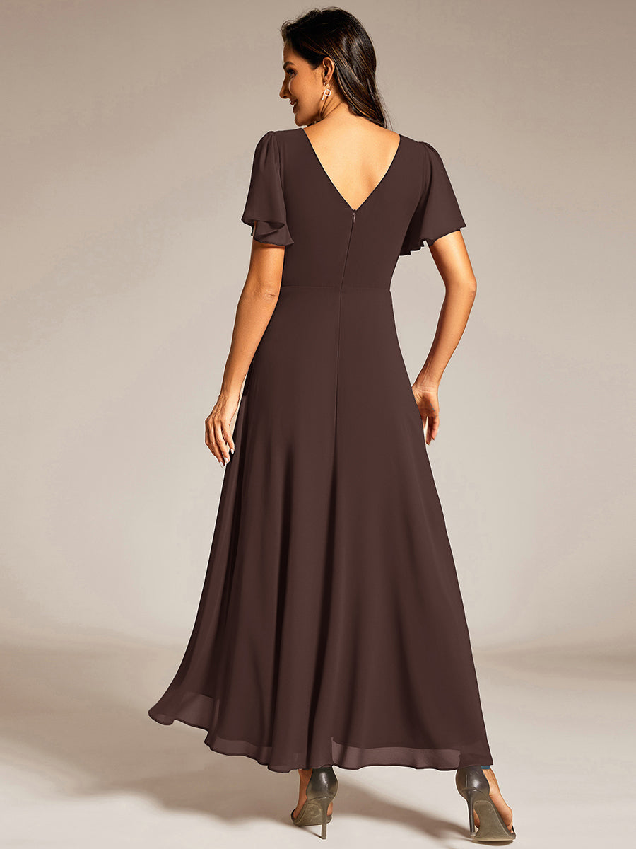Robe de soirée formelle en mousseline de soie à double col en V et taille ajustée #Couleur_Marron Espresso