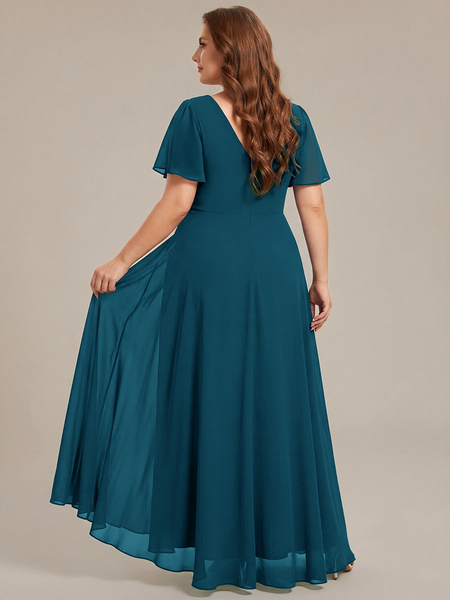 Robe de soirée formelle en mousseline de soie à double col en V et taille ajustée #Couleur_Bleu Canard