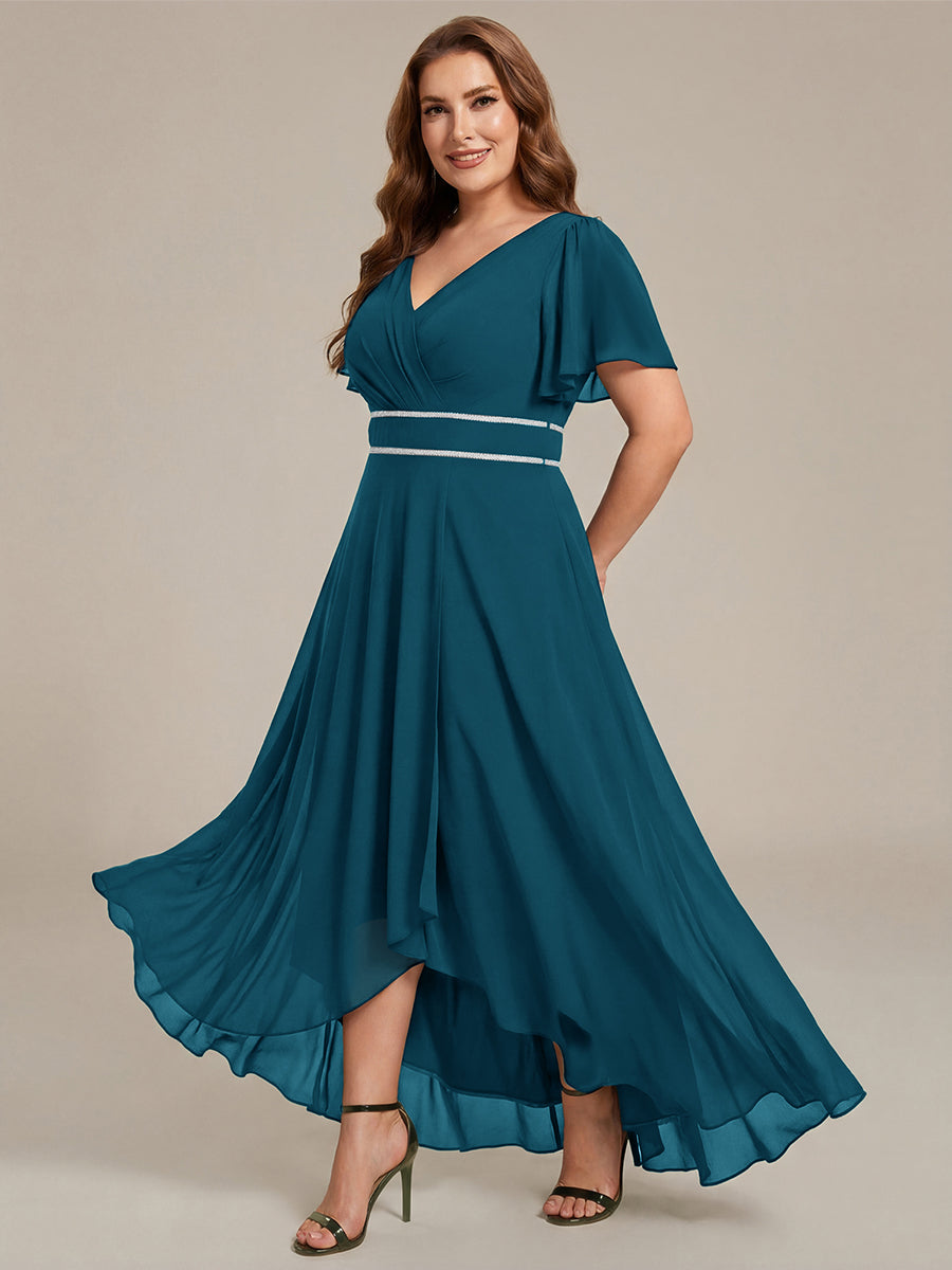 Robe de soirée formelle en mousseline de soie à double col en V et taille ajustée #Couleur_Bleu Canard