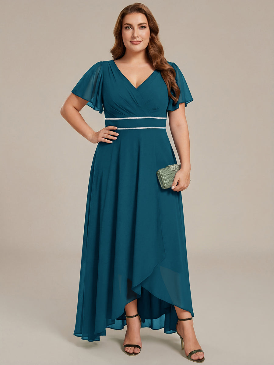 Robe de soirée formelle en mousseline de soie à double col en V et taille ajustée #Couleur_Bleu Canard