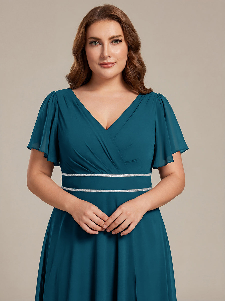 Robe de soirée formelle en mousseline de soie à double col en V et taille ajustée #Couleur_Bleu Canard