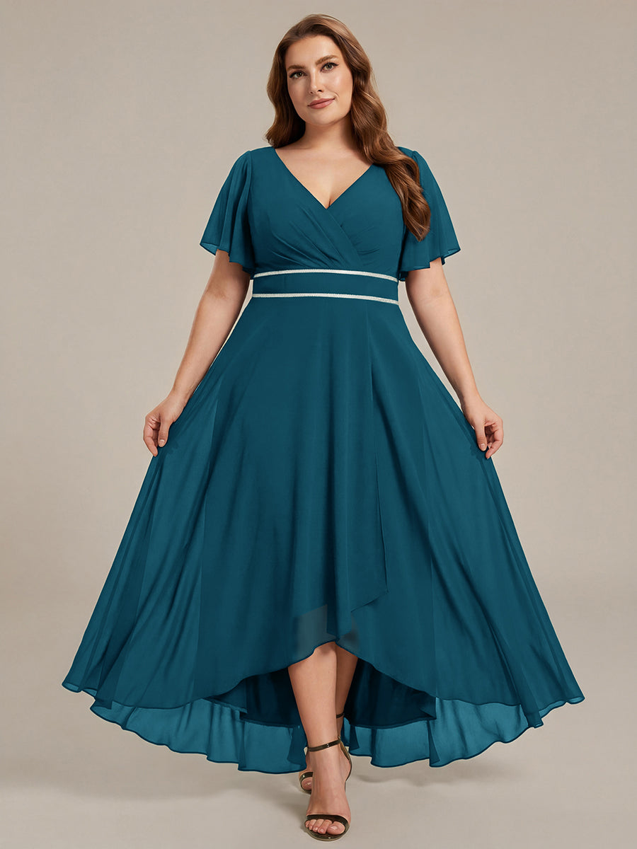 Robe de soirée formelle en mousseline de soie à double col en V et taille ajustée #Couleur_Bleu Canard